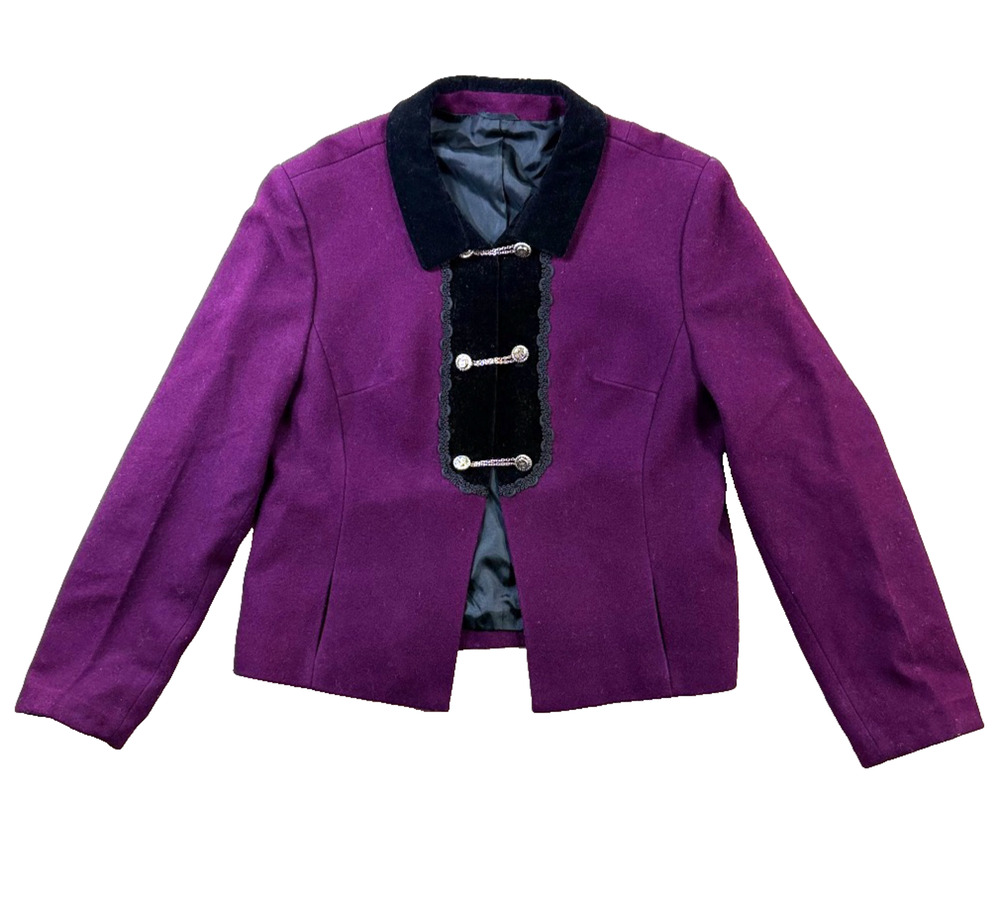 Vintage Purple Wool Cropped Jacket Black Velvet Collar Chain Closures S/M